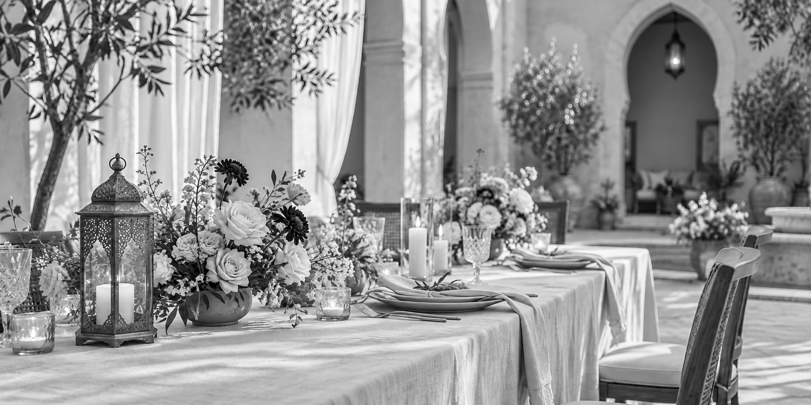 Wedding venue with warm lanterns, flowers and candlelit tables